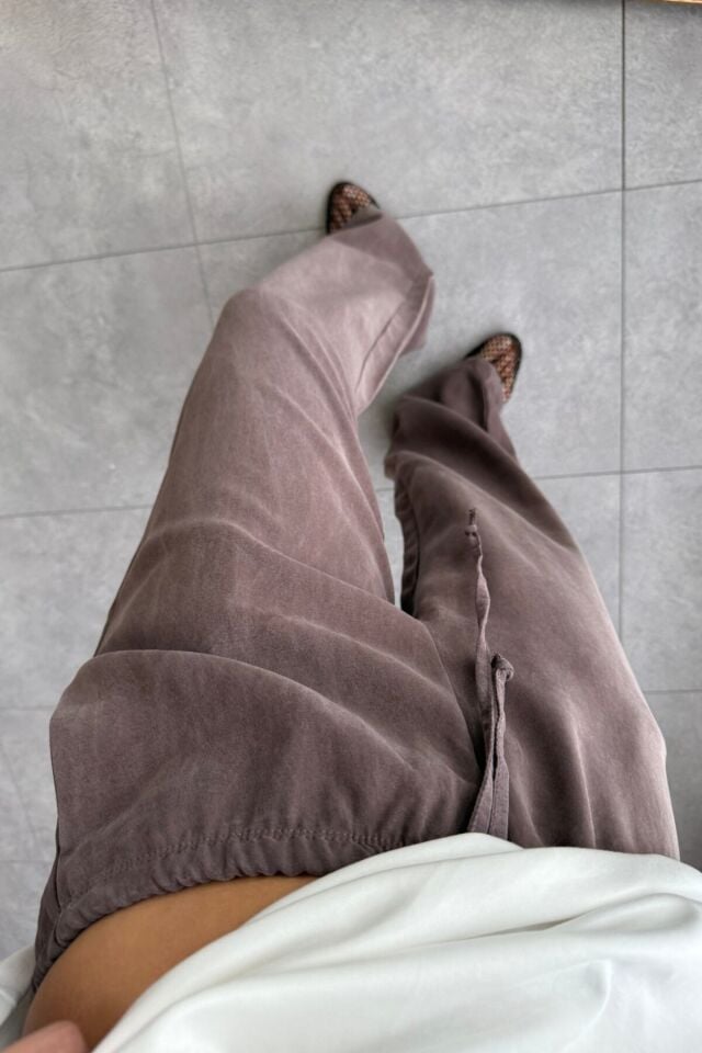 Feela Moda 2008 Bağcıklı Beli Lastikli Yıkamalı Modal Dokuma Palazzo Kadın Pantolon 40 - Kahverengi