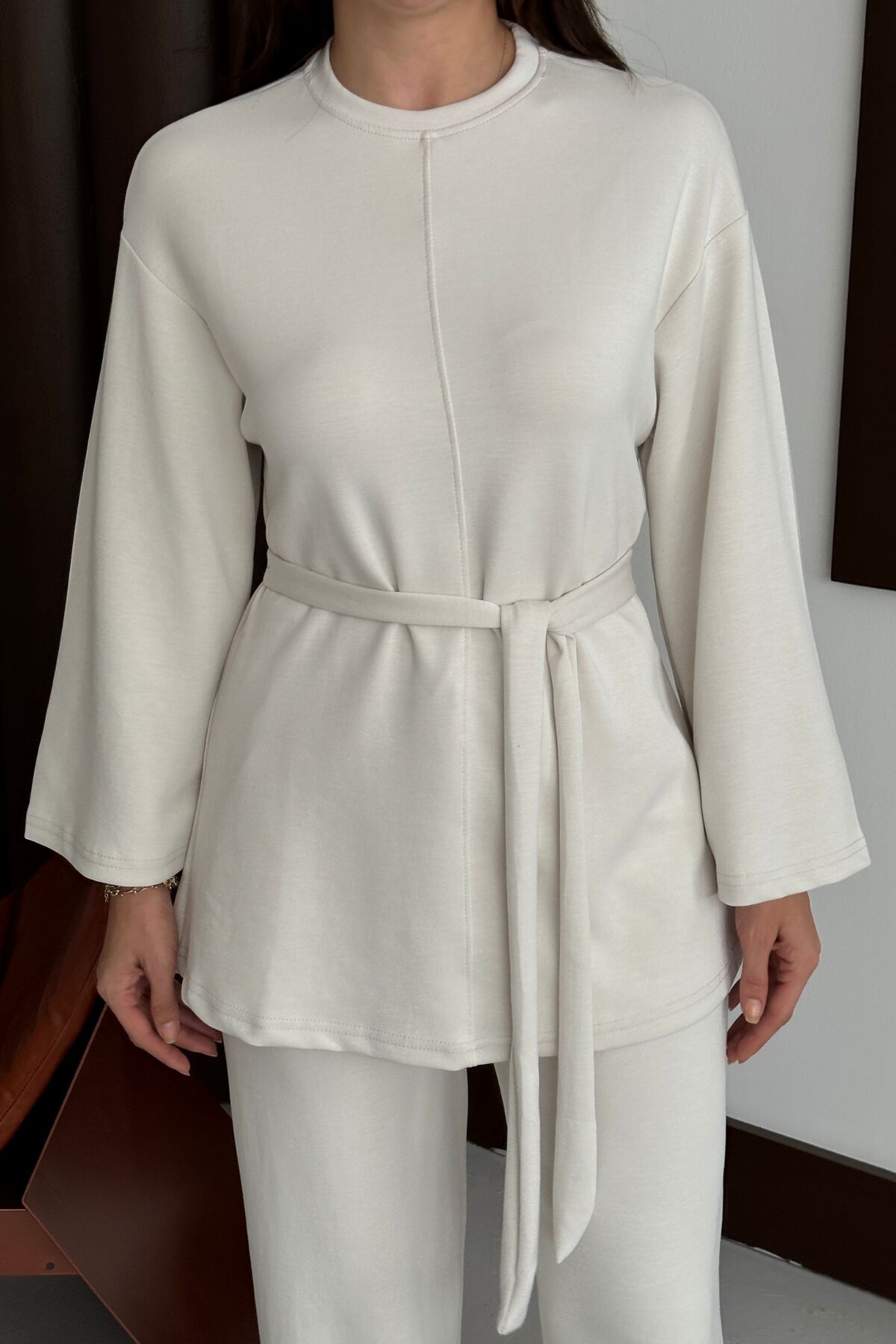 Balenbi Kadın Premium Modal Kumaş Kuşaklı Tunik Tesettür Takım 1138 XL - Taş