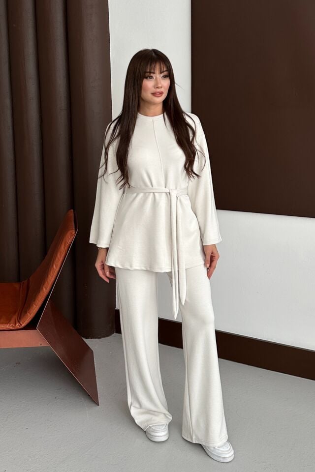 Balenbi Kadın Premium Modal Kumaş Kuşaklı Tunik Tesettür Takım 1138 Taş - XL