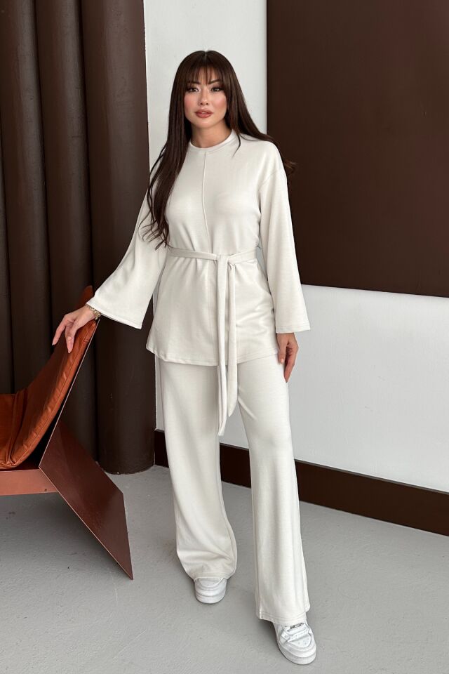 Balenbi Kadın Premium Modal Kumaş Kuşaklı Tunik Tesettür Takım 1138 XL - Taş