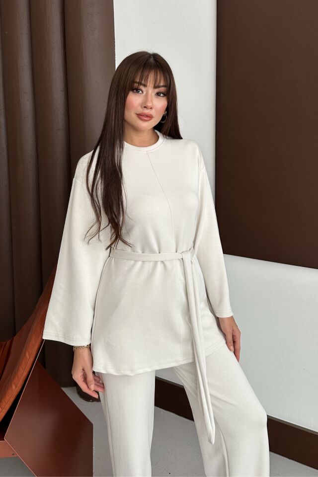 Balenbi Kadın Premium Modal Kumaş Kuşaklı Tunik Tesettür Takım 1138 XL - Taş