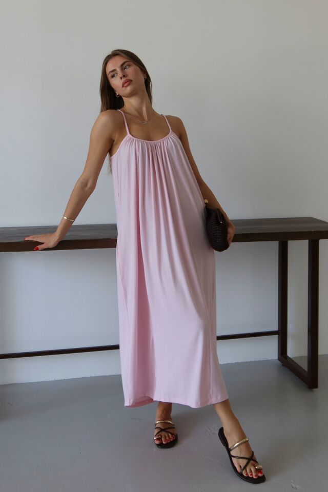 Balenbi Kadın Yaka Büzgü Detaylı Cepli Askılı Penye Elbise 1107 Standart - Pembe