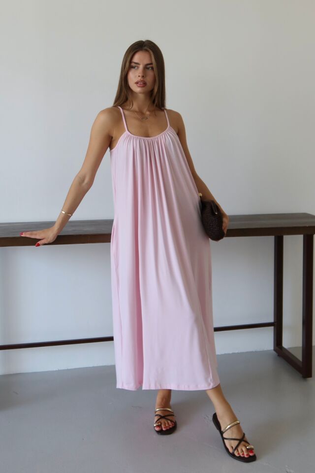 Balenbi Kadın Yaka Büzgü Detaylı Cepli Askılı Penye Elbise 1107 Standart - Pembe