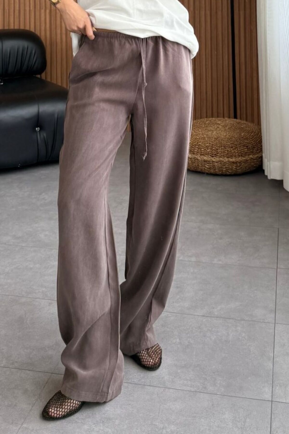 Feela Moda 2008 Bağcıklı Beli Lastikli Yıkamalı Modal Dokuma Palazzo Kadın Pantolon 40 - Kahverengi