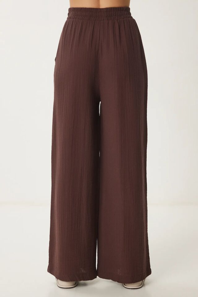 Balenbi Kadın Hafif Transparan Beli Lastikli Palazzo Müslin Pantolon 1096 38 - Kahverengi