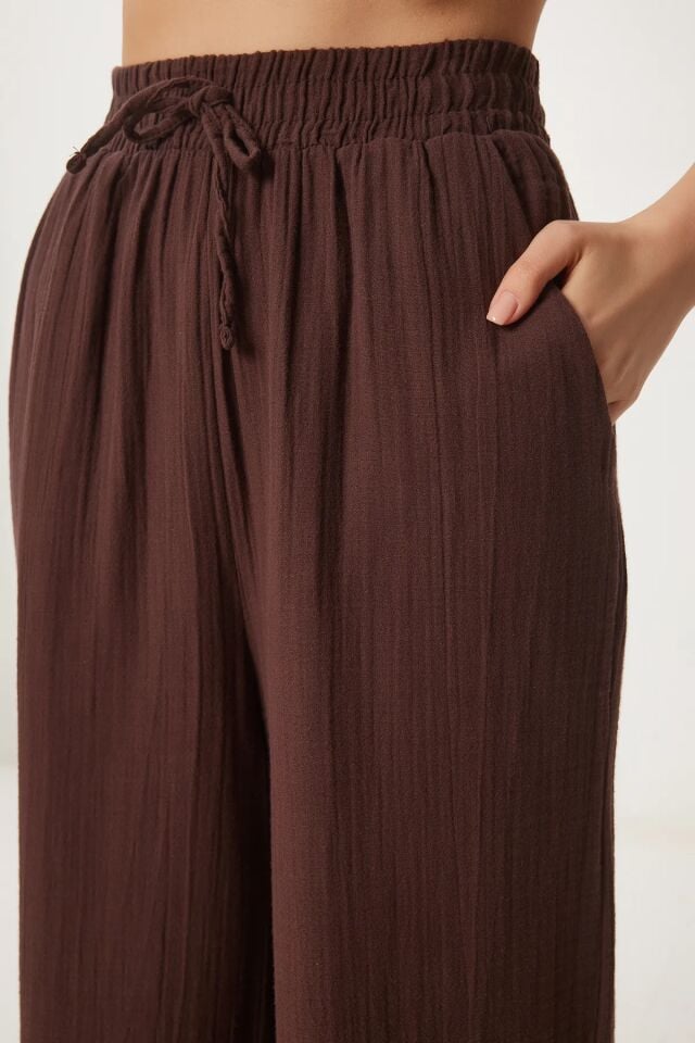 Balenbi Kadın Hafif Transparan Beli Lastikli Palazzo Müslin Pantolon 1096 38 - Kahverengi