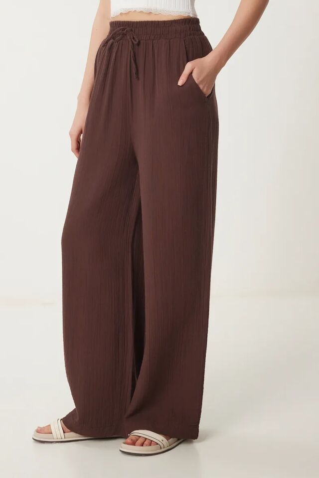 Balenbi Kadın Hafif Transparan Beli Lastikli Palazzo Müslin Pantolon 1096 38 - Kahverengi