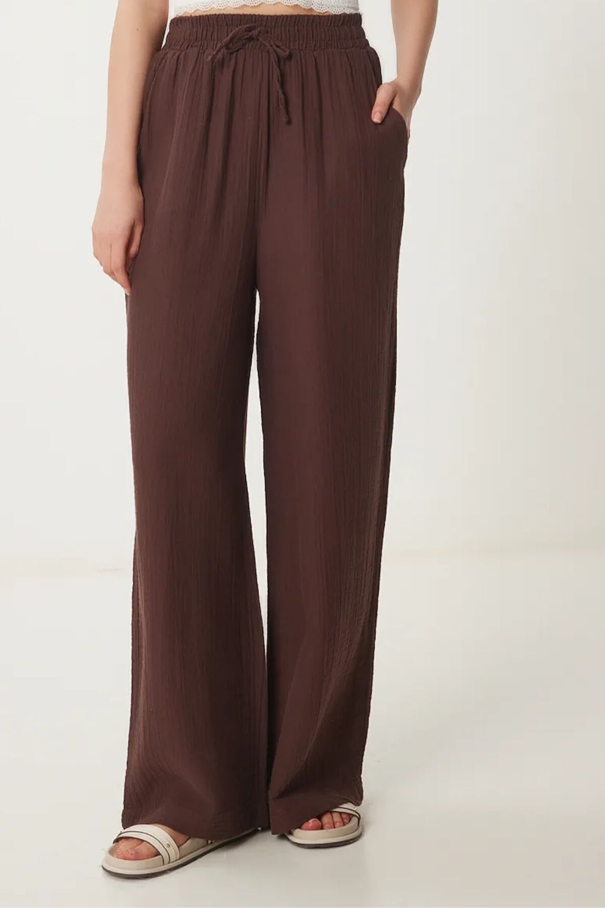 Balenbi Kadın Hafif Transparan Beli Lastikli Palazzo Müslin Pantolon 1096 38 - Kahverengi