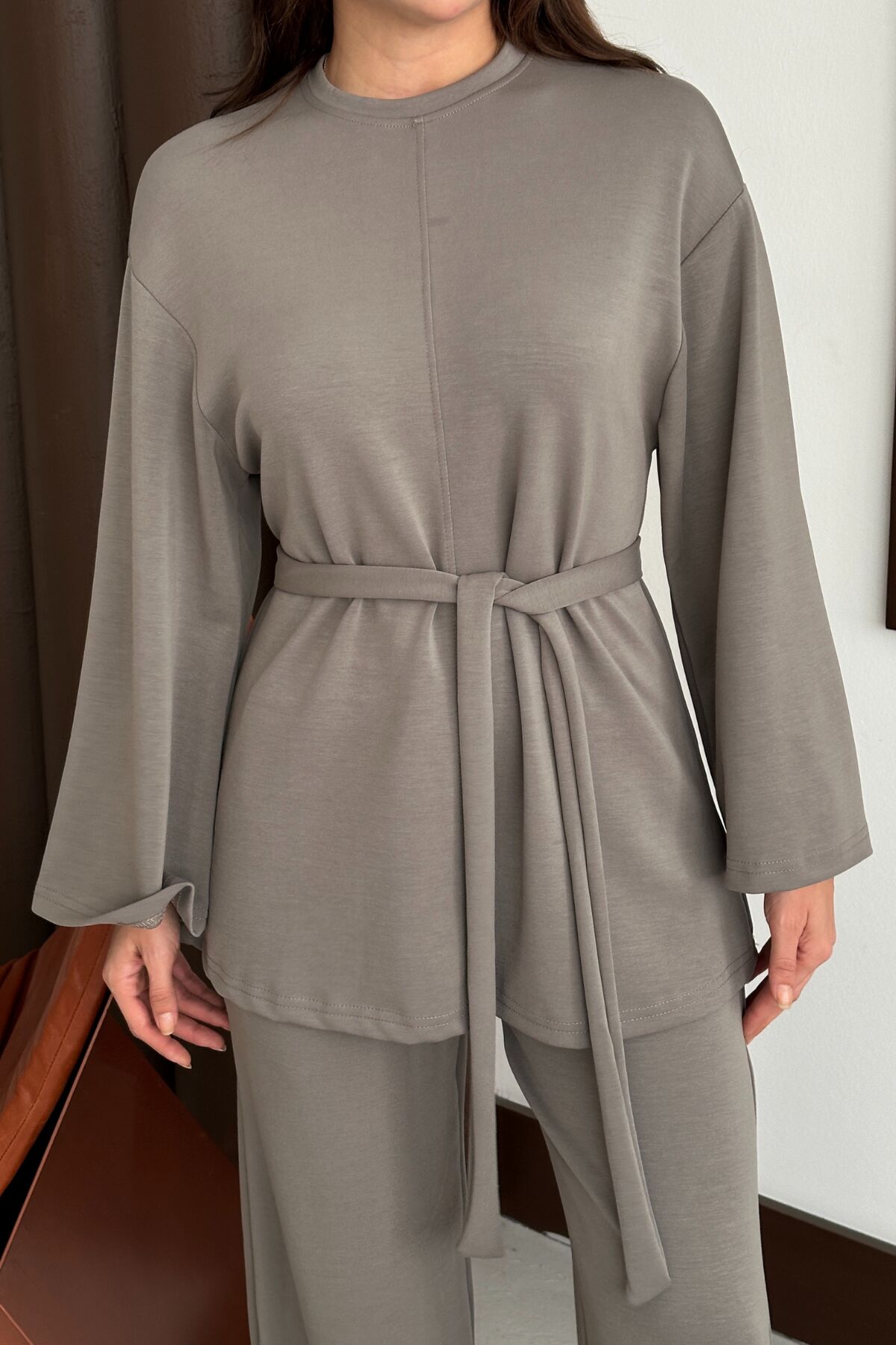 Balenbi Kadın Premium Modal Kumaş Kuşaklı Tunik Tesettür Takım 1138 XL - Vizon