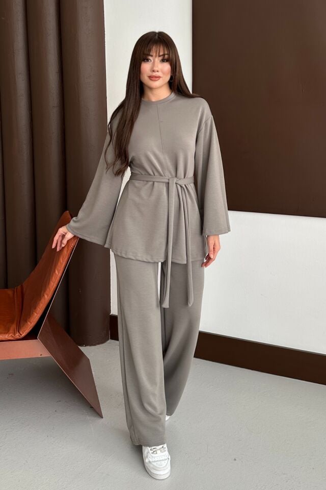 Balenbi Kadın Premium Modal Kumaş Kuşaklı Tunik Tesettür Takım 1138 Vizon - XL