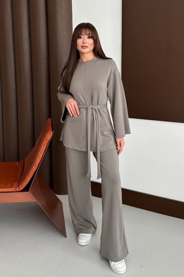 Balenbi Kadın Premium Modal Kumaş Kuşaklı Tunik Tesettür Takım 1138 XL - Vizon