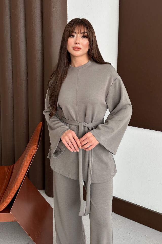 Balenbi Kadın Premium Modal Kumaş Kuşaklı Tunik Tesettür Takım 1138 XL - Vizon