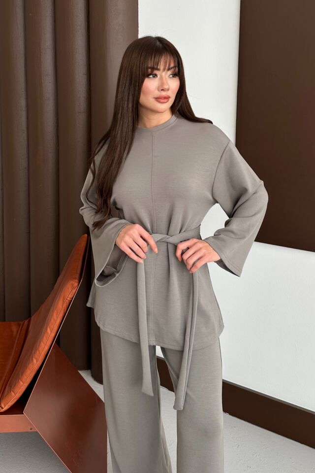 Balenbi Kadın Premium Modal Kumaş Kuşaklı Tunik Tesettür Takım 1138 XL - Vizon