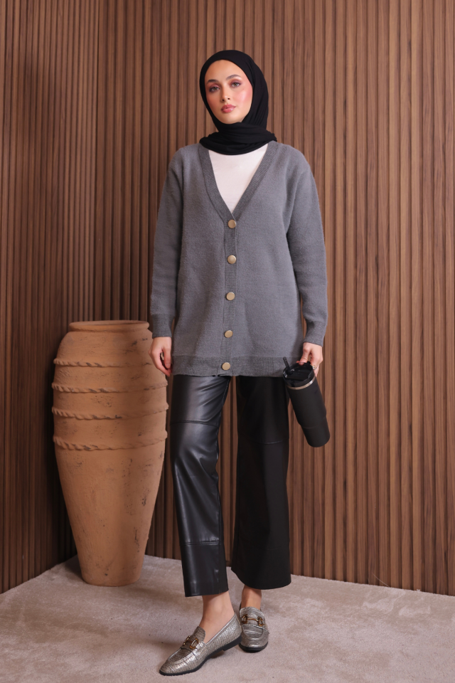 Kadın V Yaka Bronz Düğmeli Sakallı Triko Hırka 1142 Standart - Gri