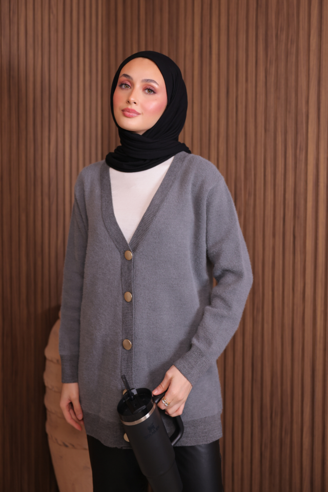 Kadın V Yaka Bronz Düğmeli Sakallı Triko Hırka 1142 Standart - Gri