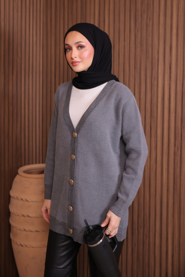 Kadın V Yaka Bronz Düğmeli Sakallı Triko Hırka 1142 Standart - Gri