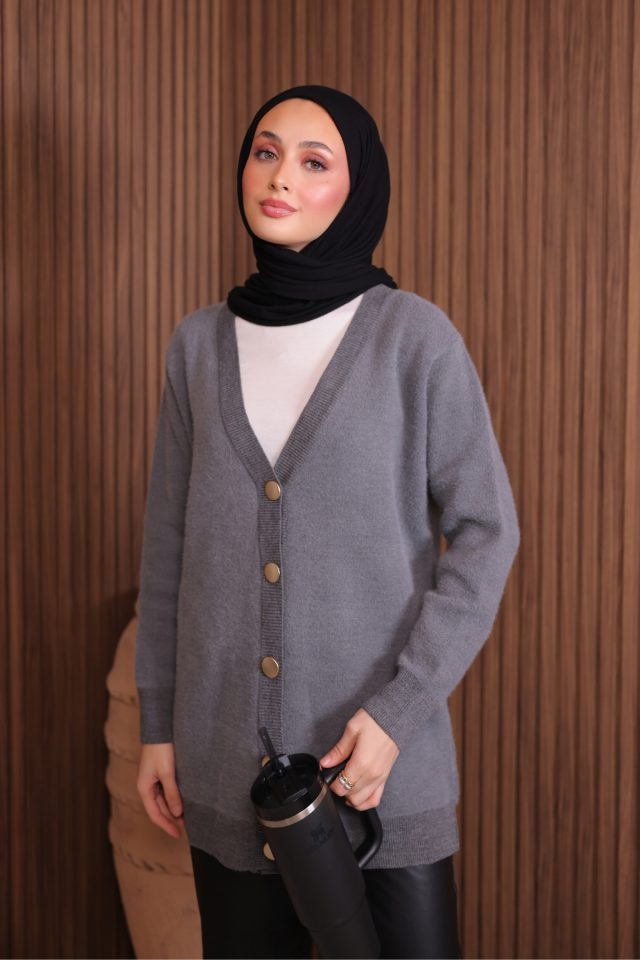 Kadın V Yaka Bronz Düğmeli Sakallı Triko Hırka 1142 Standart - Gri