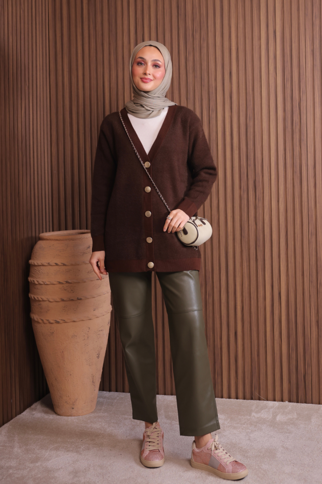 Kadın V Yaka Bronz Düğmeli Sakallı Triko Hırka 1142 Standart - Kahverengi