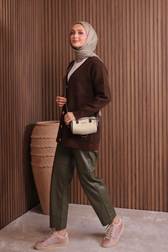 Kadın V Yaka Bronz Düğmeli Sakallı Triko Hırka 1142 Standart - Kahverengi