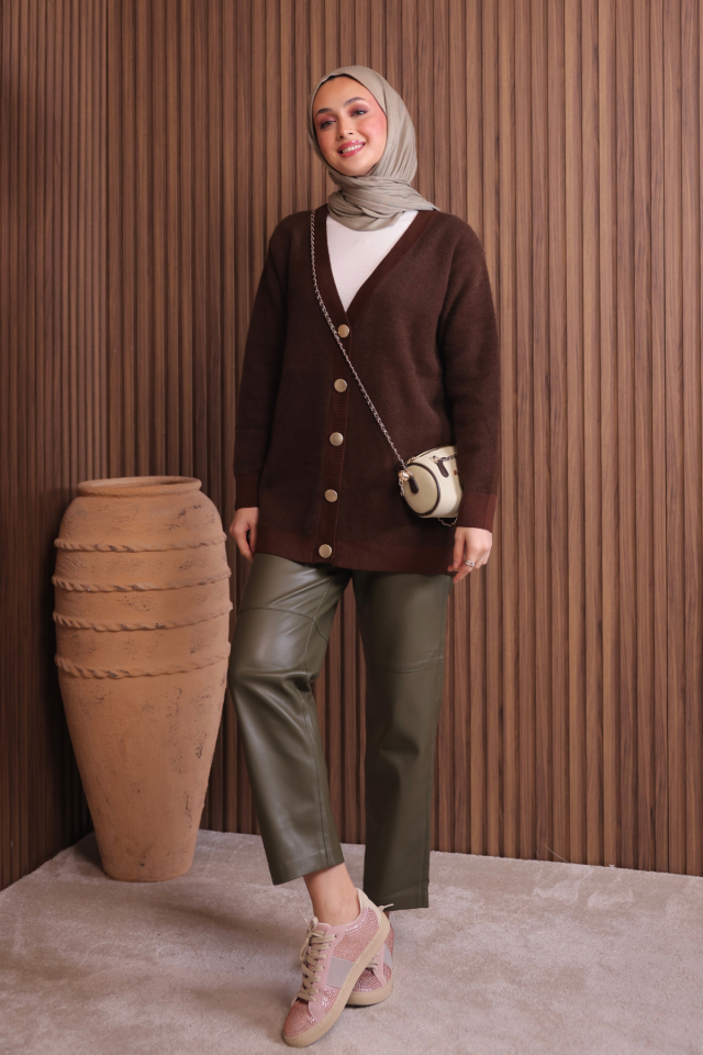 Kadın V Yaka Bronz Düğmeli Sakallı Triko Hırka 1142 Standart - Kahverengi