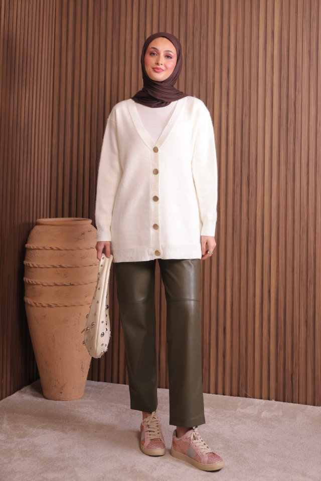 Kadın V Yaka Bronz Düğmeli Sakallı Triko Hırka 1142 Standart - Ekru