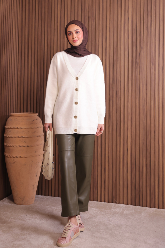 Kadın V Yaka Bronz Düğmeli Sakallı Triko Hırka 1142 Standart - Ekru