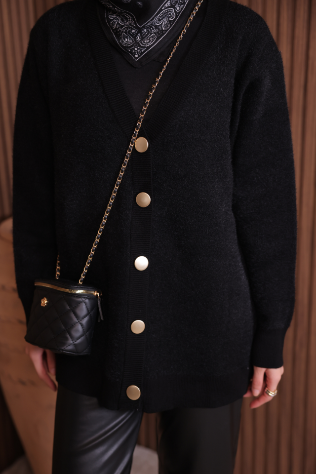 Kadın V Yaka Bronz Düğmeli Sakallı Triko Hırka 1142 Siyah - Standart