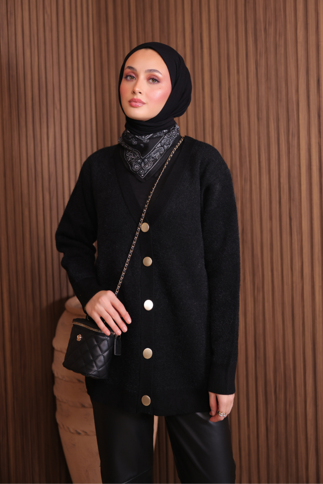 Kadın V Yaka Bronz Düğmeli Sakallı Triko Hırka 1142 Siyah - Standart