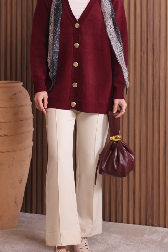 Kadın V Yaka Bronz Düğmeli Sakallı Triko Hırka 1142 Bordo - Standart