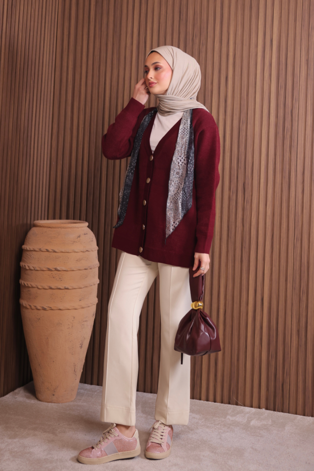 Kadın V Yaka Bronz Düğmeli Sakallı Triko Hırka 1142 Standart - Bordo