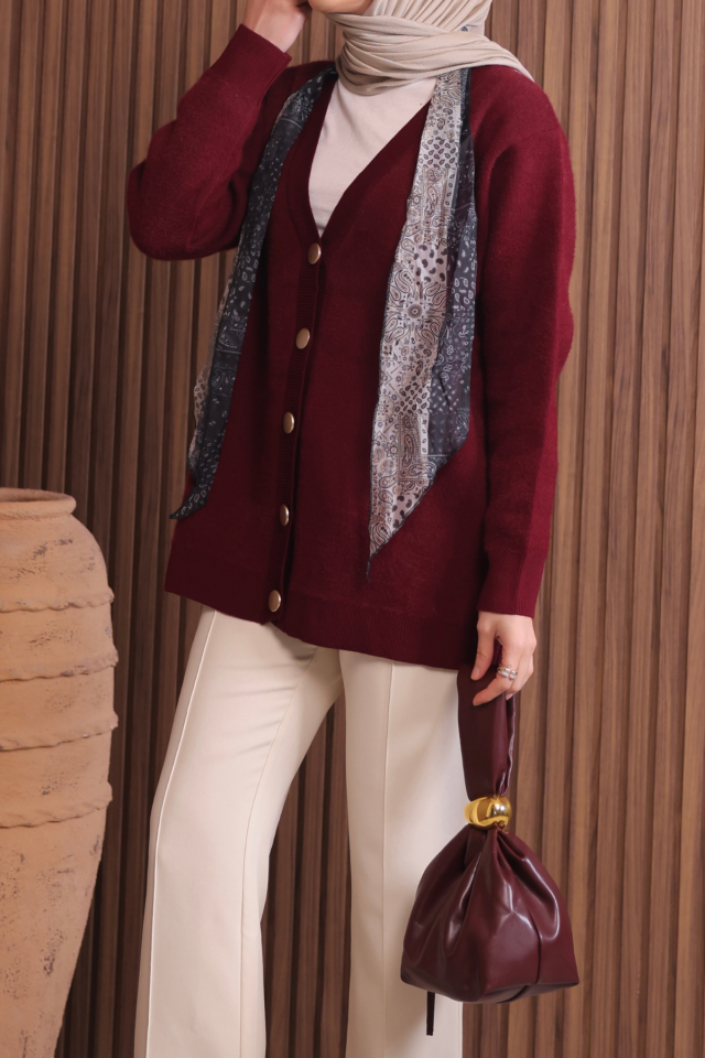 Kadın V Yaka Bronz Düğmeli Sakallı Triko Hırka 1142 Standart - Bordo