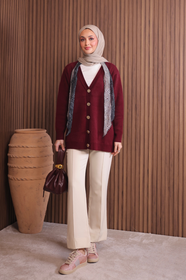 Kadın V Yaka Bronz Düğmeli Sakallı Triko Hırka 1142 Standart - Bordo