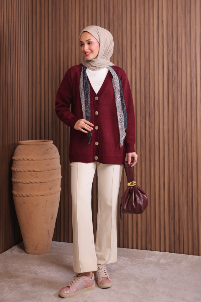 Kadın V Yaka Bronz Düğmeli Sakallı Triko Hırka 1142 Standart - Bordo