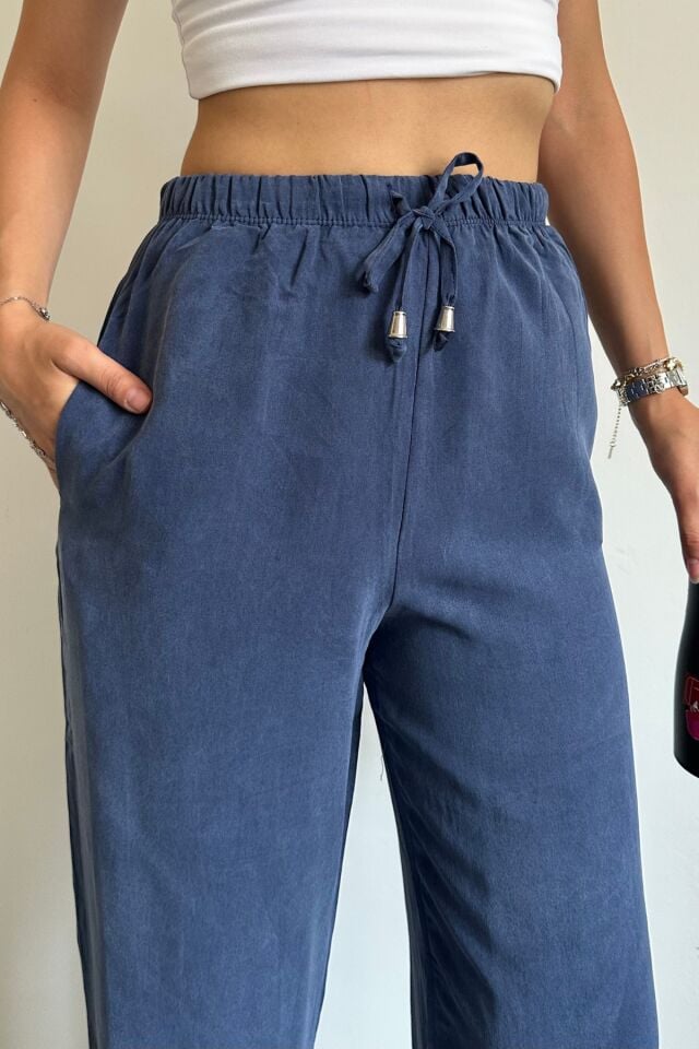 Feela Moda 2008 Bağcıklı Beli Lastikli Yıkamalı Modal Dokuma Palazzo Kadın Pantolon 42 - İndigo