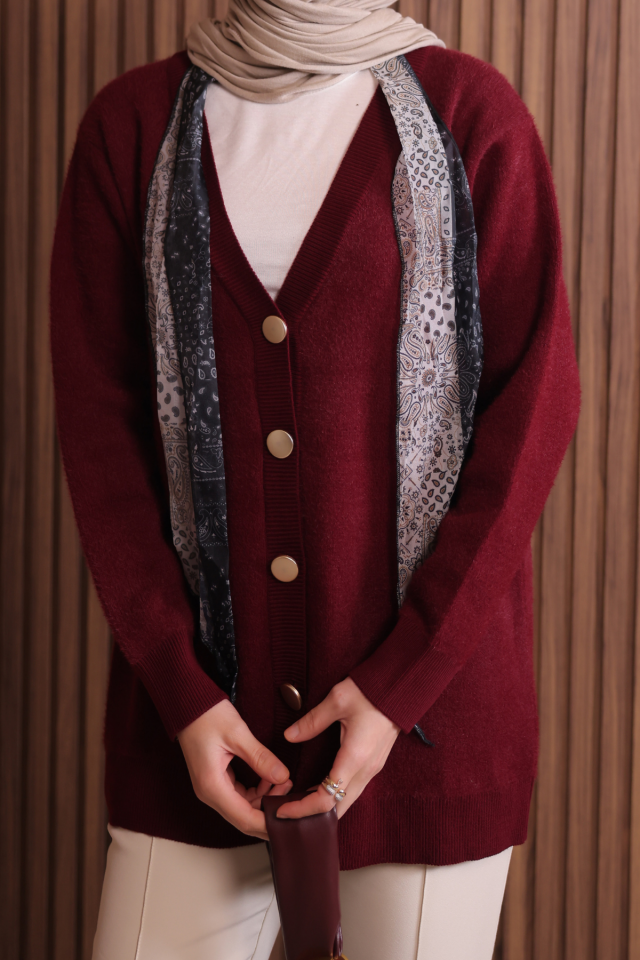 Kadın V Yaka Bronz Düğmeli Sakallı Triko Hırka 1142 Standart - Bordo