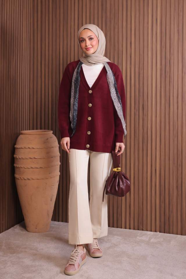 Kadın V Yaka Bronz Düğmeli Sakallı Triko Hırka 1142 Standart - Bordo