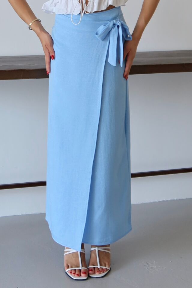 Balenbi Kadın Belden Bağlamalı Keten Karışımlı Dokuma Etek 1106 38 - Bebe Mavi