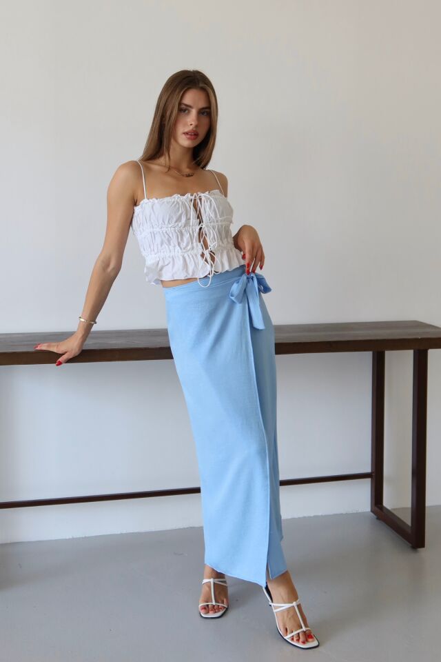 Balenbi Kadın Belden Bağlamalı Keten Karışımlı Dokuma Etek 1106 38 - Bebe Mavi