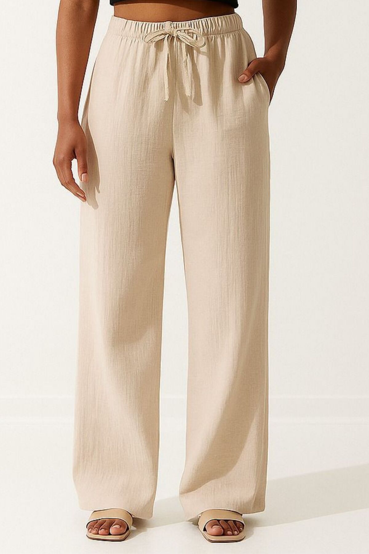 Balenbi Kadın Hafif Transparan Beli Lastikli Palazzo Müslin Pantolon 1096 40 - Bej