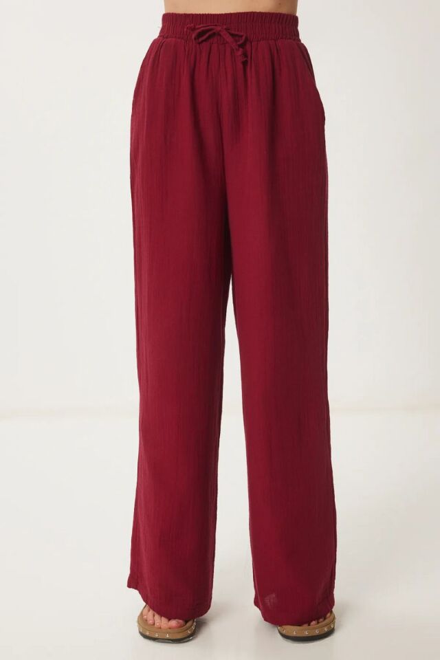 Balenbi Kadın Hafif Transparan Beli Lastikli Palazzo Müslin Pantolon 1096 40 - Bordo
