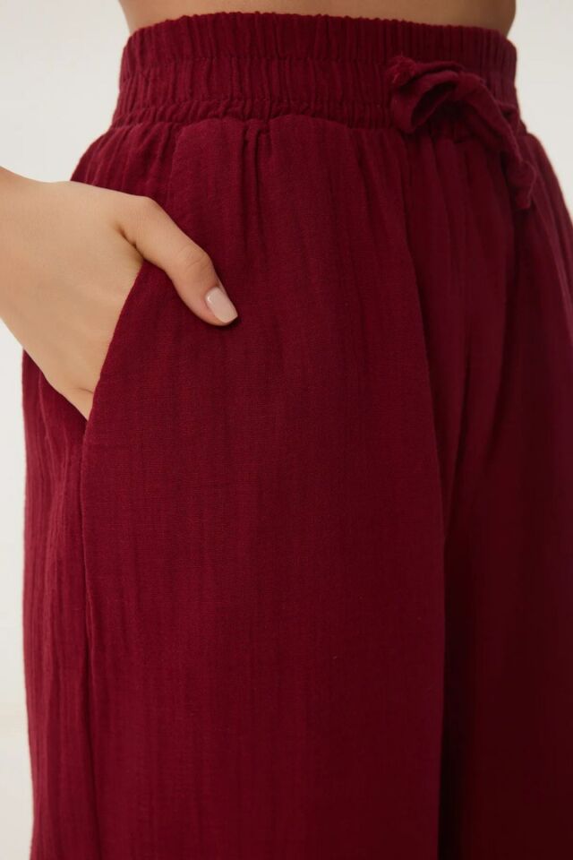 Balenbi Kadın Hafif Transparan Beli Lastikli Palazzo Müslin Pantolon 1096 40 - Bordo