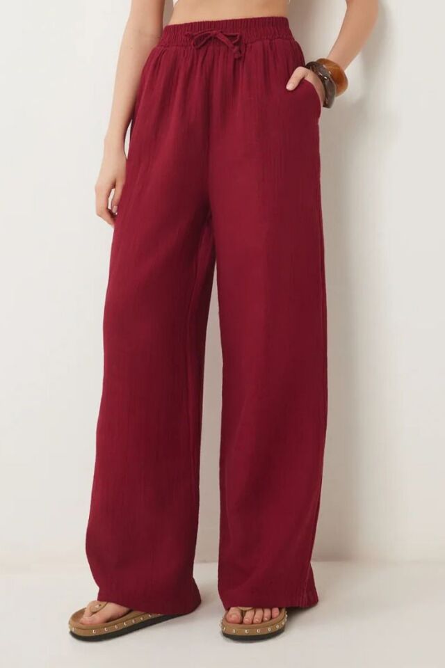 Balenbi Kadın Hafif Transparan Beli Lastikli Palazzo Müslin Pantolon 1096 Bordo - 40