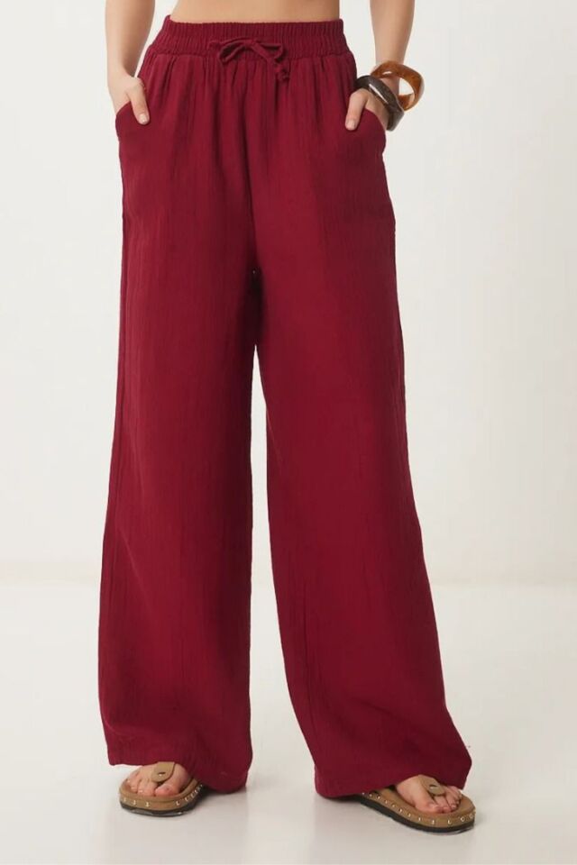 Balenbi Kadın Hafif Transparan Beli Lastikli Palazzo Müslin Pantolon 1096 Bordo - 40