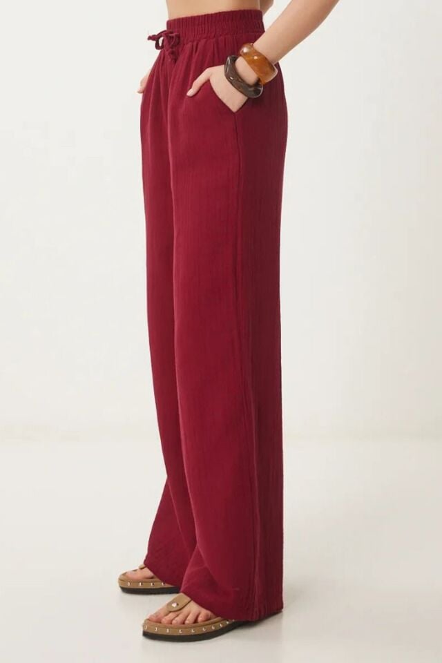 Balenbi Kadın Hafif Transparan Beli Lastikli Palazzo Müslin Pantolon 1096 40 - Bordo