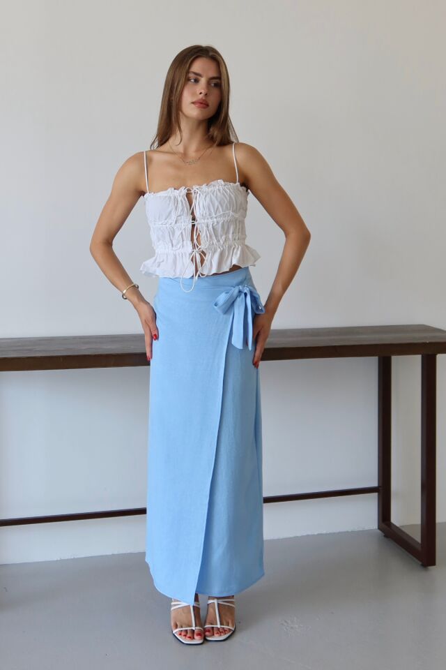 Balenbi Kadın Belden Bağlamalı Keten Karışımlı Dokuma Etek 1106 40 - Bebe Mavi