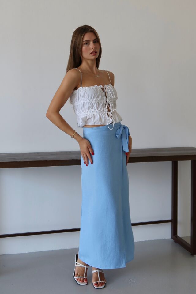 Balenbi Kadın Belden Bağlamalı Keten Karışımlı Dokuma Etek 1106 40 - Bebe Mavi