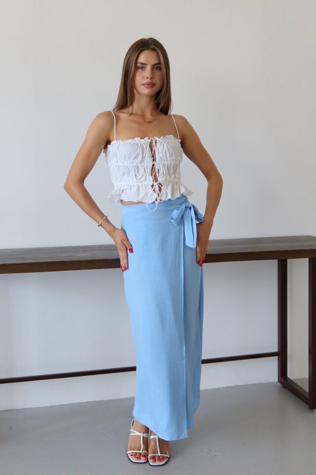 Balenbi Kadın Belden Bağlamalı Keten Karışımlı Dokuma Etek 1106 40 - Bebe Mavi