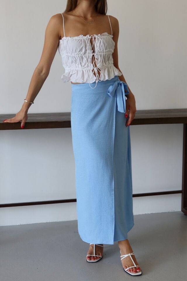 Balenbi Kadın Belden Bağlamalı Keten Karışımlı Dokuma Etek 1106 40 - Bebe Mavi