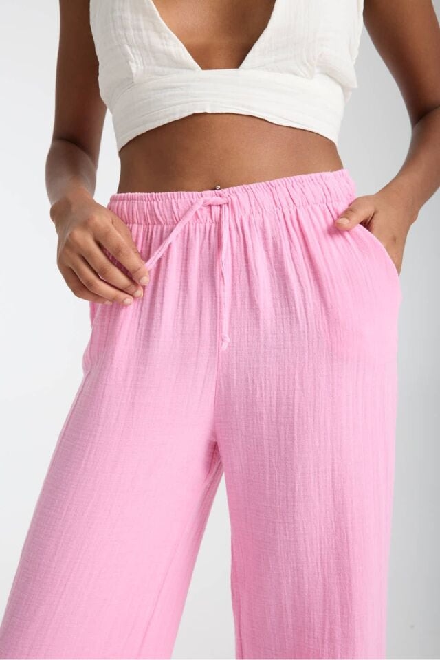 Balenbi Kadın Hafif Transparan Beli Lastikli Palazzo Müslin Pantolon 1096 40 - Pembe