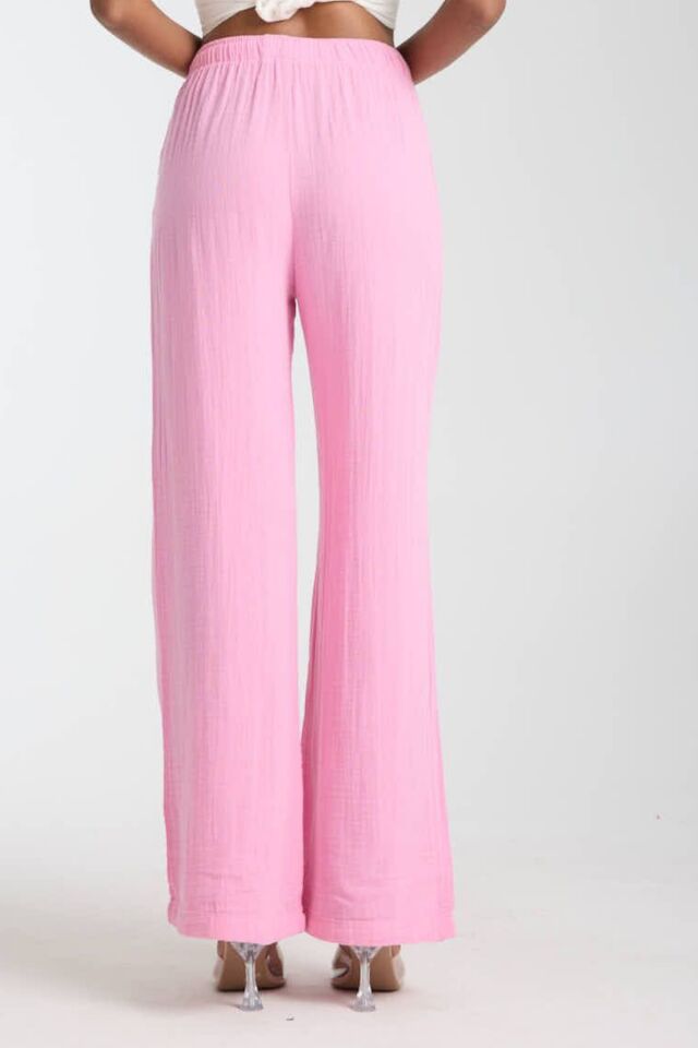 Balenbi Kadın Hafif Transparan Beli Lastikli Palazzo Müslin Pantolon 1096 40 - Pembe